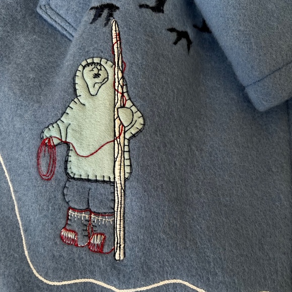 Made in Canada Women's Wool Coat with Inuit style embroidery designs. - Picture 9 of 12